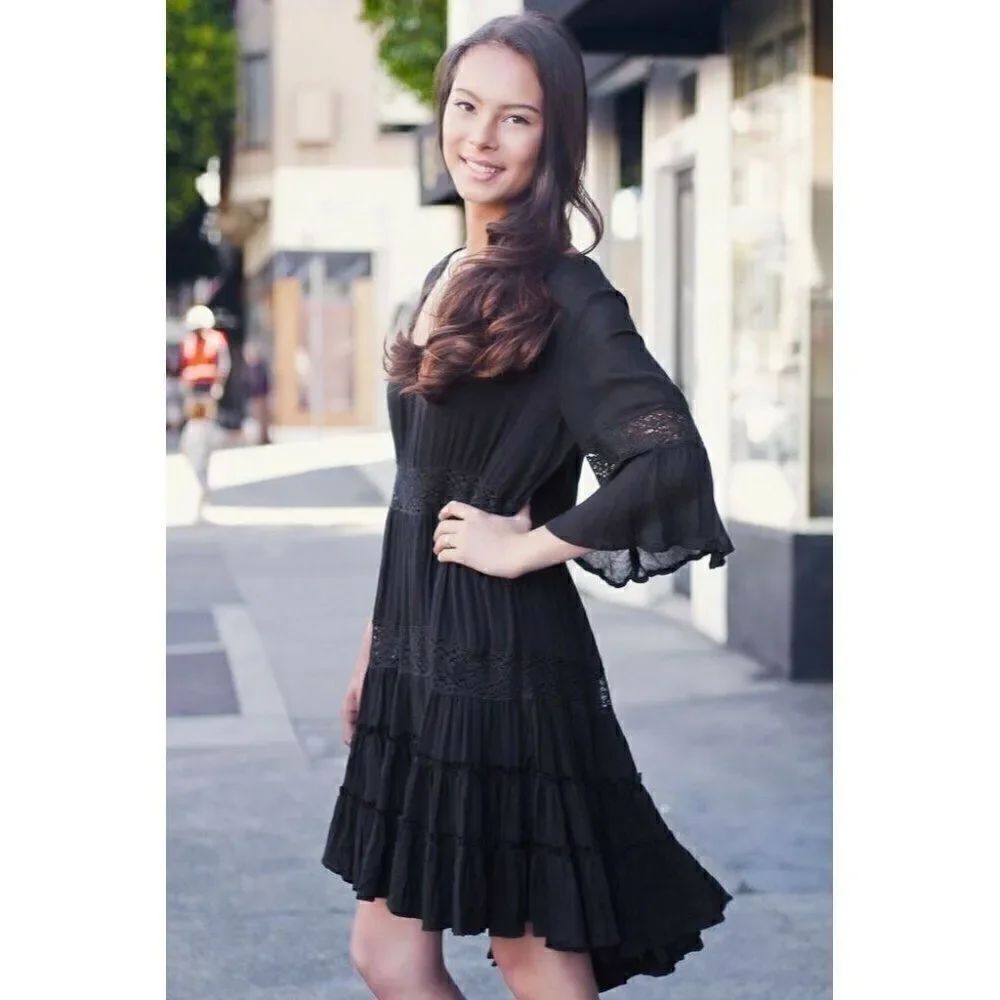 NEW FREE PEOPLE Sz S DREAM CLOUD DAISY LACE PEASANT GAUZE DRESS BLACK